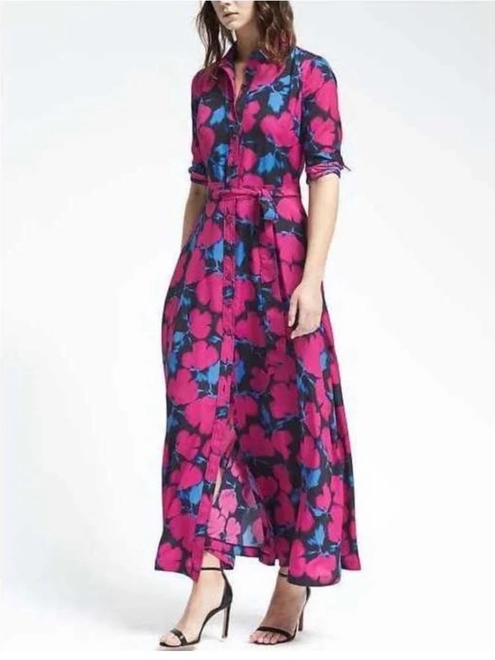 Banana Republic Dresses & Skirts - Banana Republic Fuchsia and Blue Floral Shirt Maxi Dress